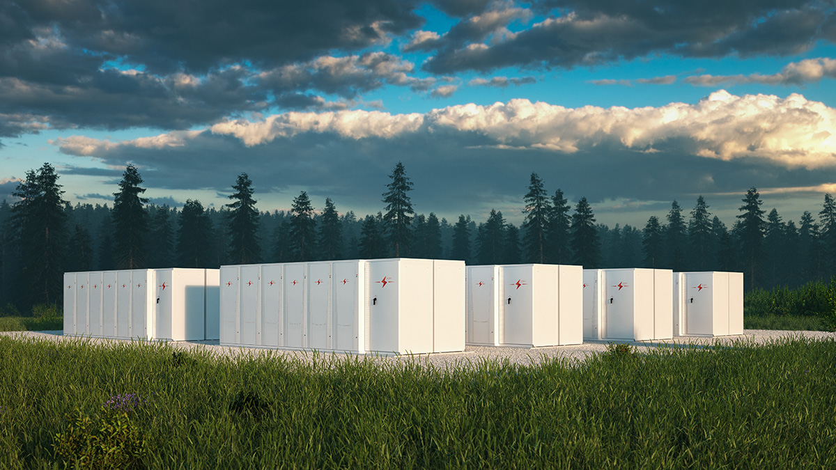 Konceptbild av batteripark för lagring av förnybar energi